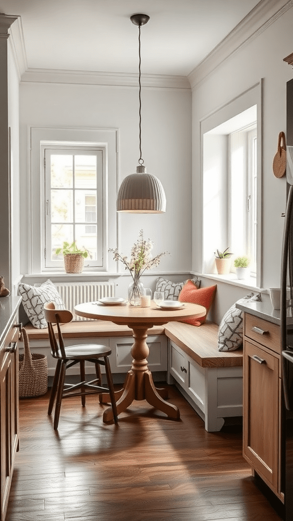 A cozy dining nook with a round table, wooden chairs, and a window view.