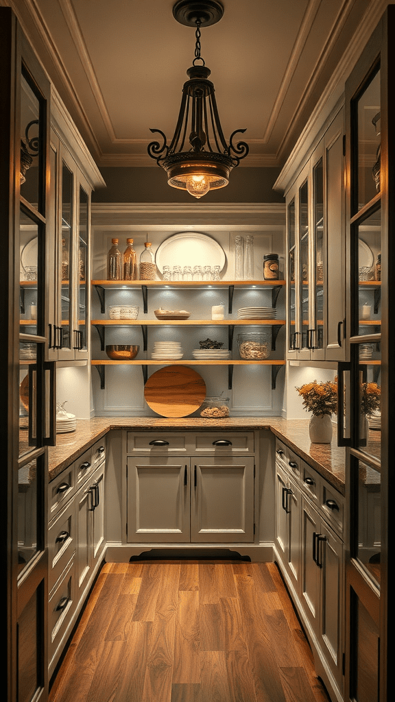 A beautifully lit kitchen with a stylish hanging light fixture.