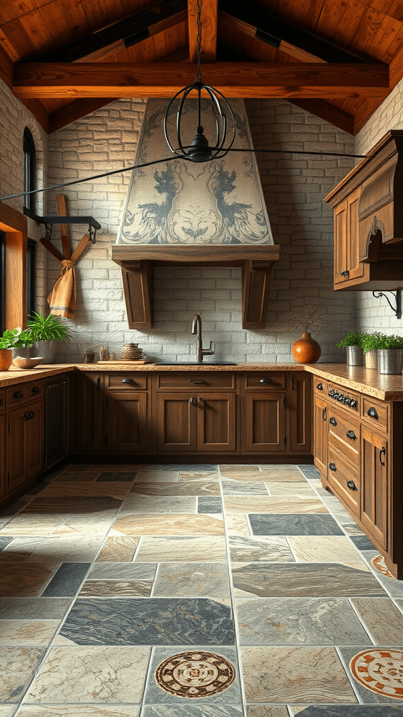 A kitchen featuring beautiful stone flooring with various colors and patterns.