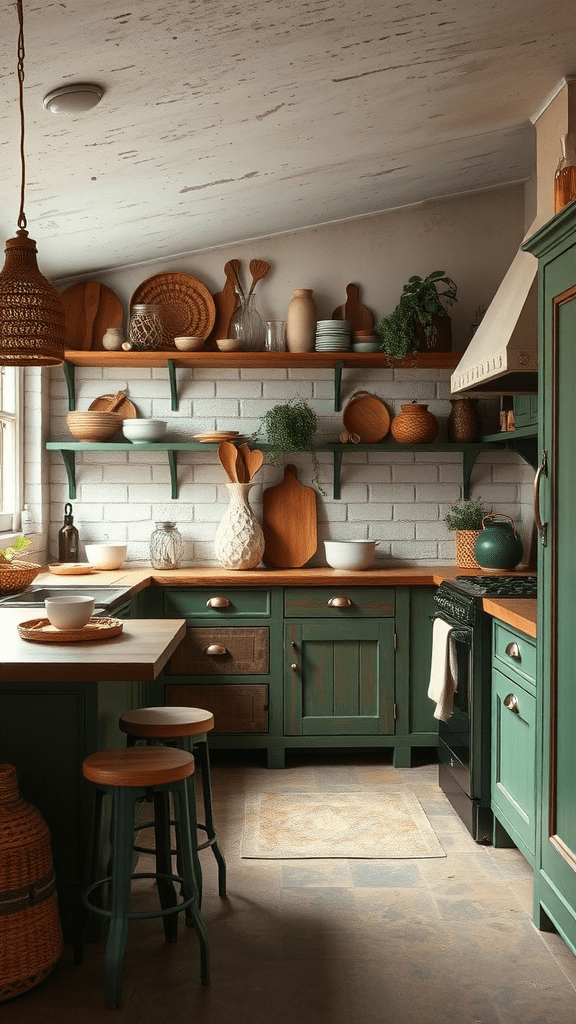 A cozy kitchen with rustic decor, featuring wooden shelves and various kitchenware.