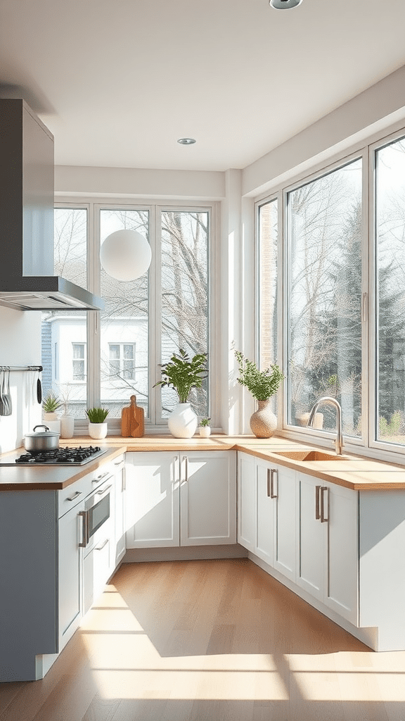 Bright kitchen with large windows and sunlight streaming in