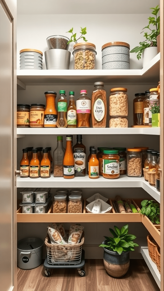 A well-organized pantry filled with sustainable food items and plants.