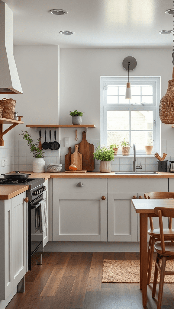 Cozy kitchen with wooden elements and natural light.