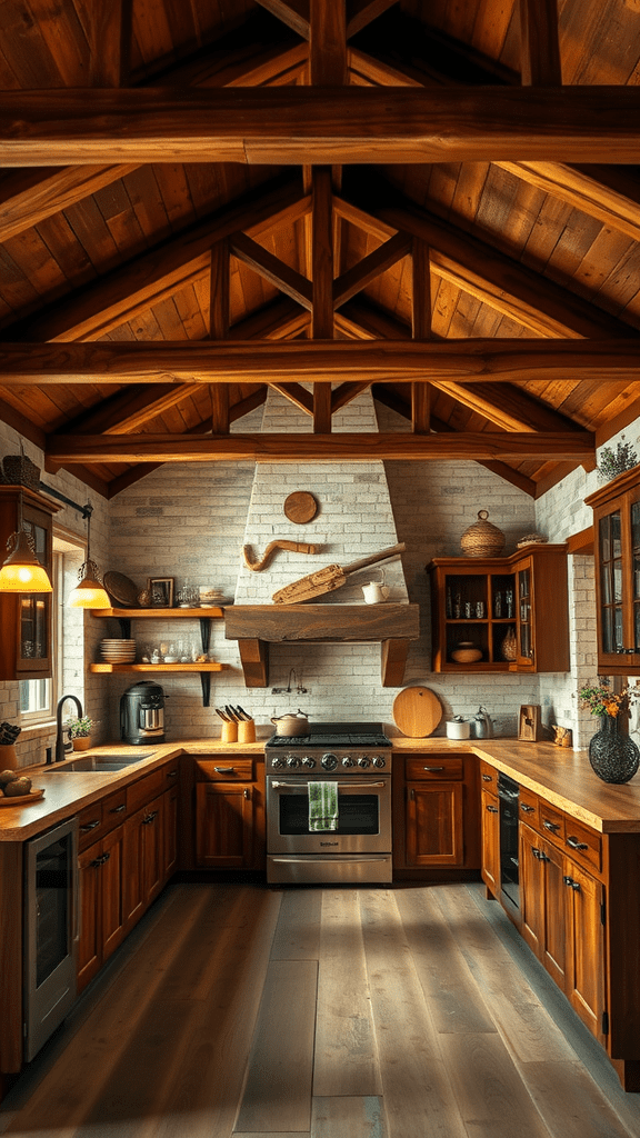 A cozy kitchen with exposed wooden beams and rich wooden cabinetry