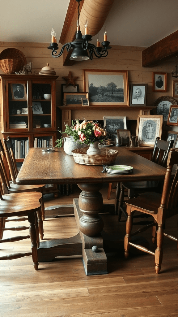 A wooden family heirloom table set with a floral centerpiece and surrounded by chairs in a cozy room.