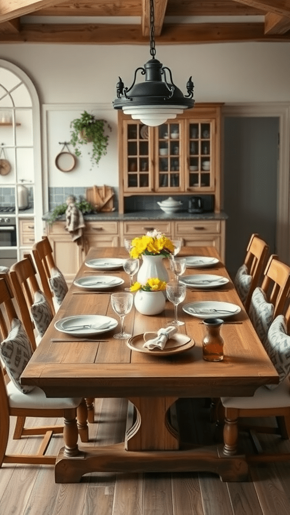 A rustic farm-style dining table set for a meal, featuring wooden chairs, dishes, and a vase of yellow flowers.