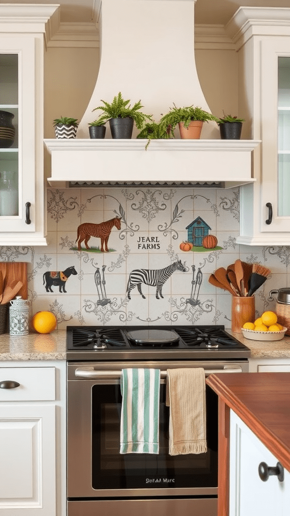 A kitchen area with farm-themed tile motifs showing various animals and a farmhouse.