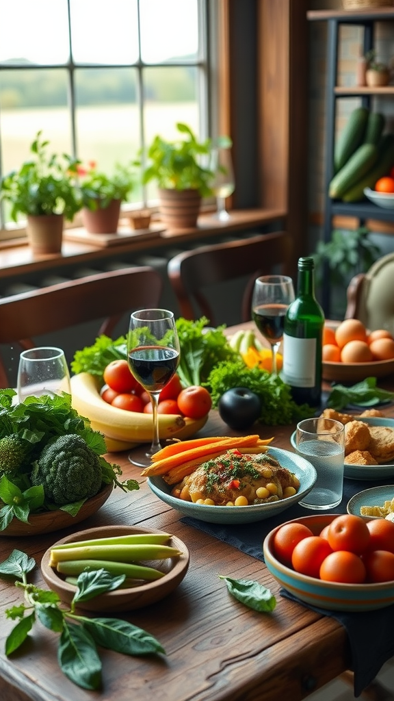 A beautifully arranged table with fresh vegetables, a meal, and drinks, showcasing farm-to-table dining.