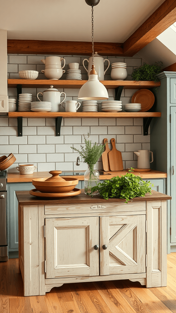 Farmhouse kitchen island with open shelving, showcasing dishware and fresh herbs.