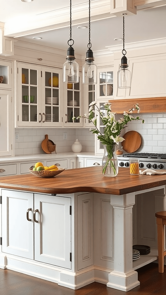 Farmhouse-style kitchen island with shaker cabinets and wooden top.