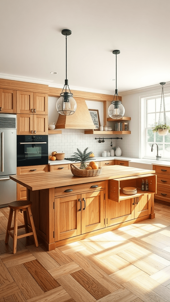 A warm and inviting farmhouse kitchen with wooden island cabinets and natural light.