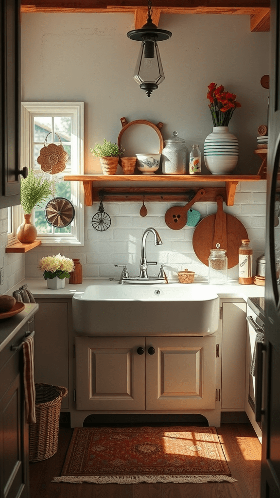 A cozy kitchen featuring a farmhouse sink surrounded by rustic decor and natural light.