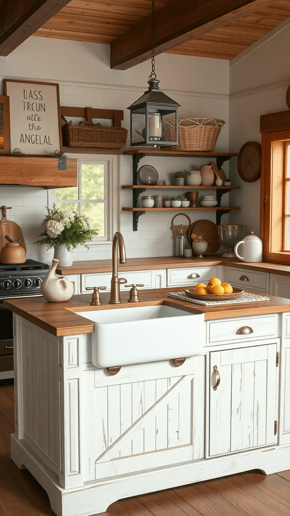 A cozy kitchen featuring a farmhouse sink integrated into a wooden island with rustic decor.