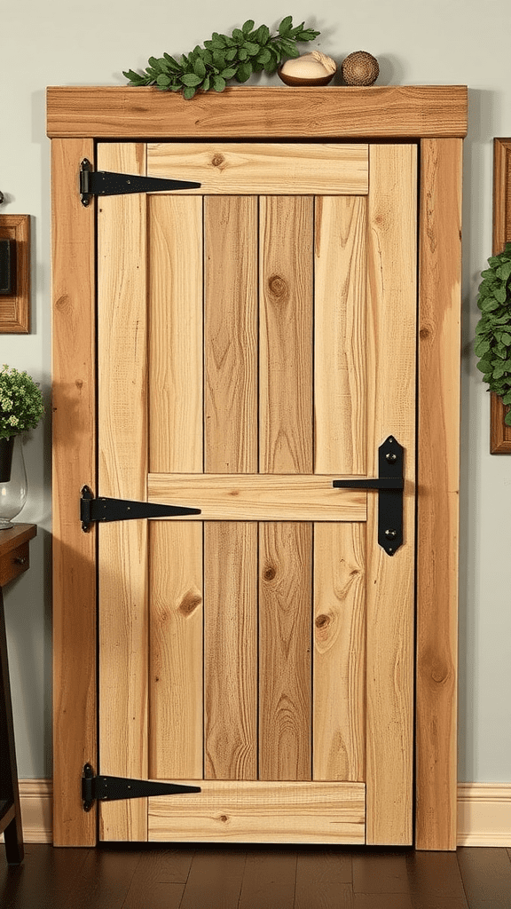 A rustic wooden pantry door with black hardware, surrounded by greenery.