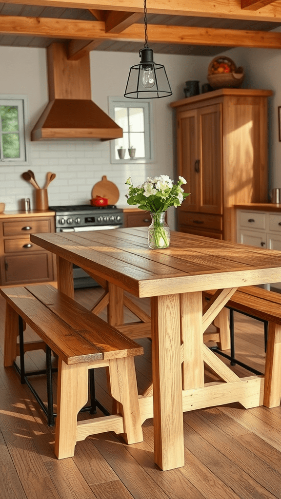 A wooden farmhouse table with benches in a bright kitchen setting