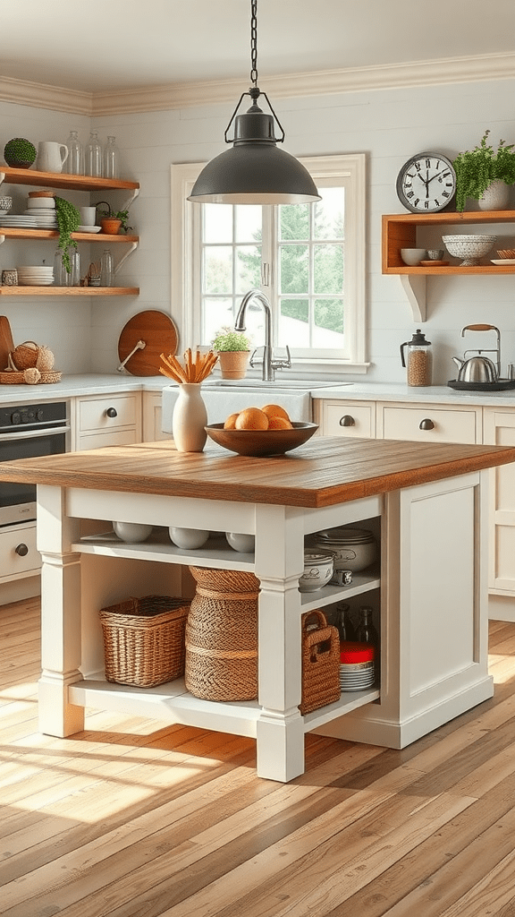 A cozy kitchen featuring a farmhouse table with storage and open shelves.