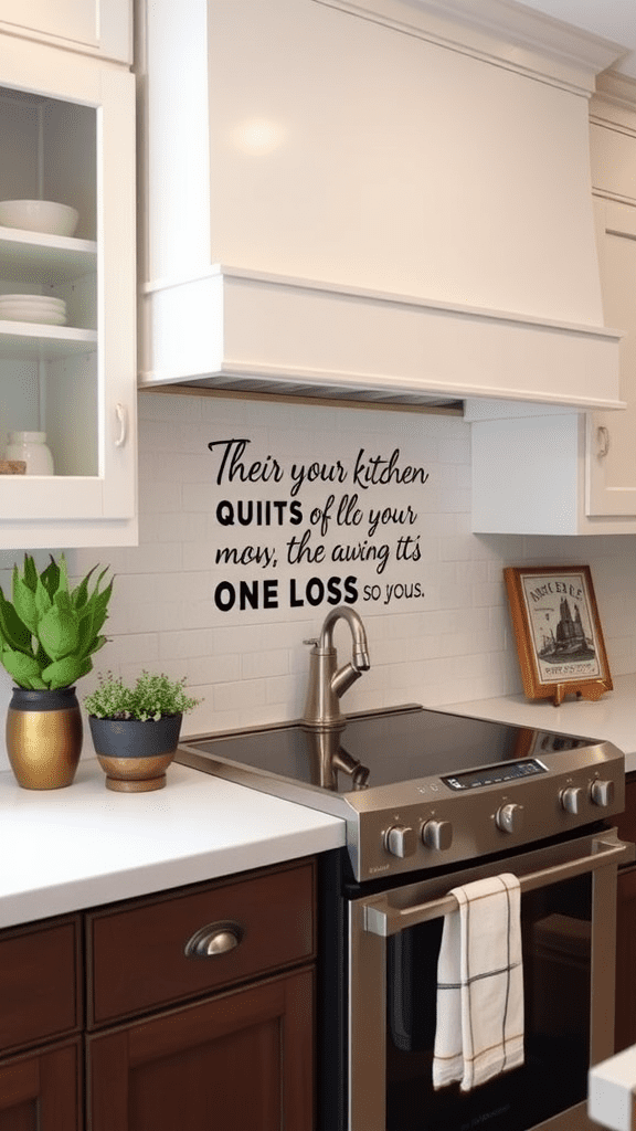 A kitchen with a humorous quote on the wall, showcasing a cozy cooking space.