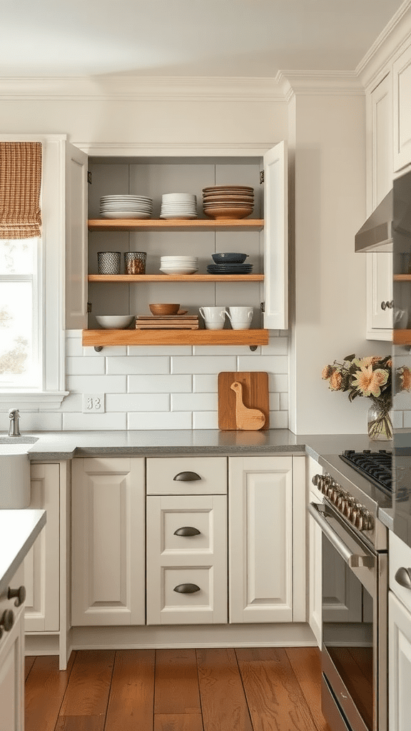 A functional corner kitchen cabinet with open shelving displaying plates and bowls.