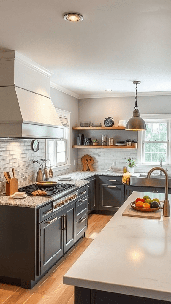 A modern kitchen with a spacious island, dark cabinets, and plenty of natural light.