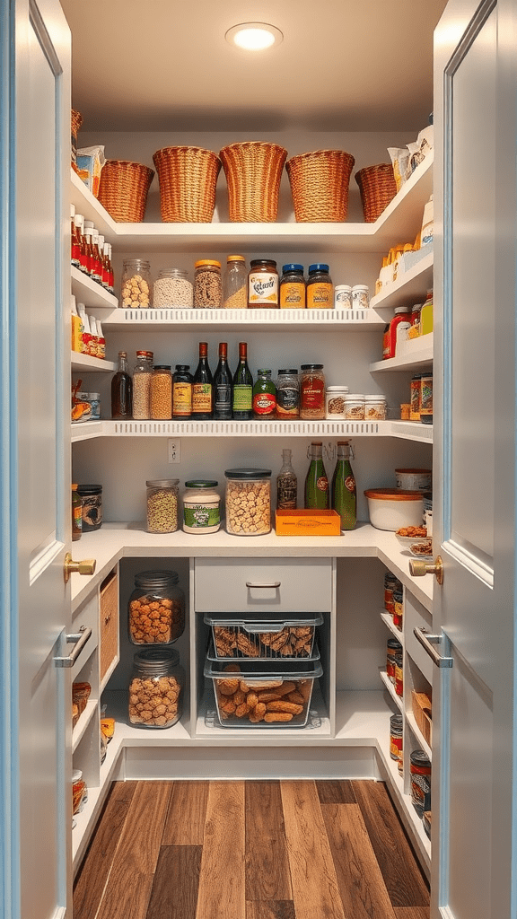 Organized pantry with shelves and baskets filled with various food items