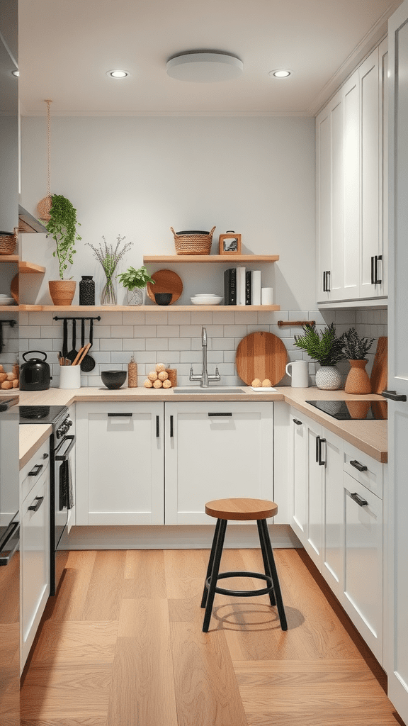 A well-organized and functional kitchen with white cabinets, wooden shelves, and a cozy stool.