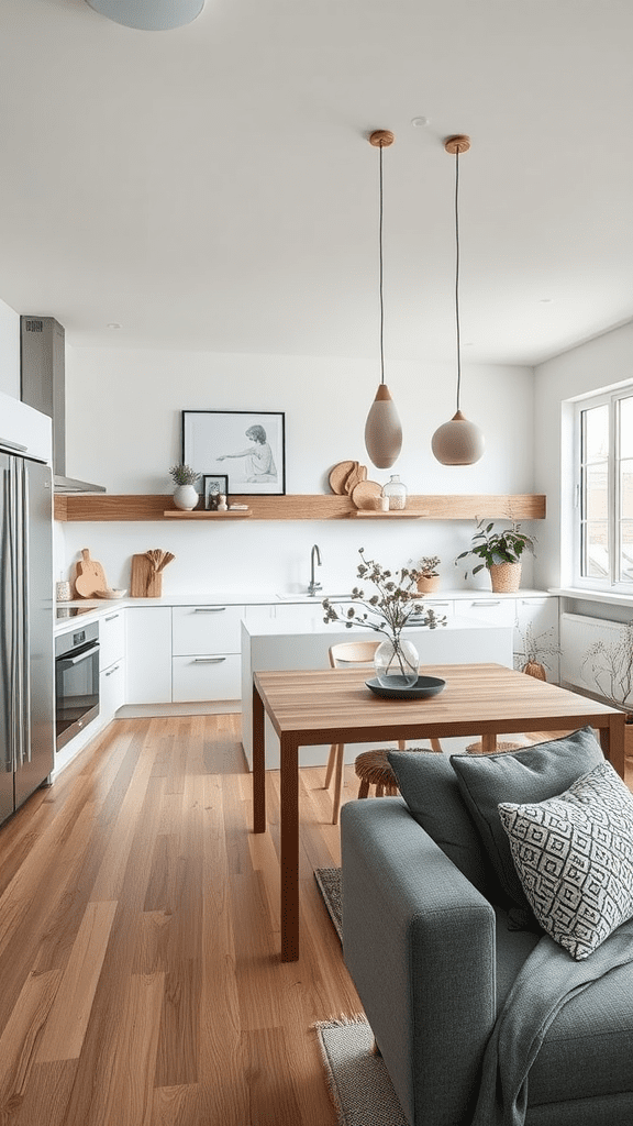 A modern kitchen and living area featuring a wooden table, gray sofa, and bright natural light.