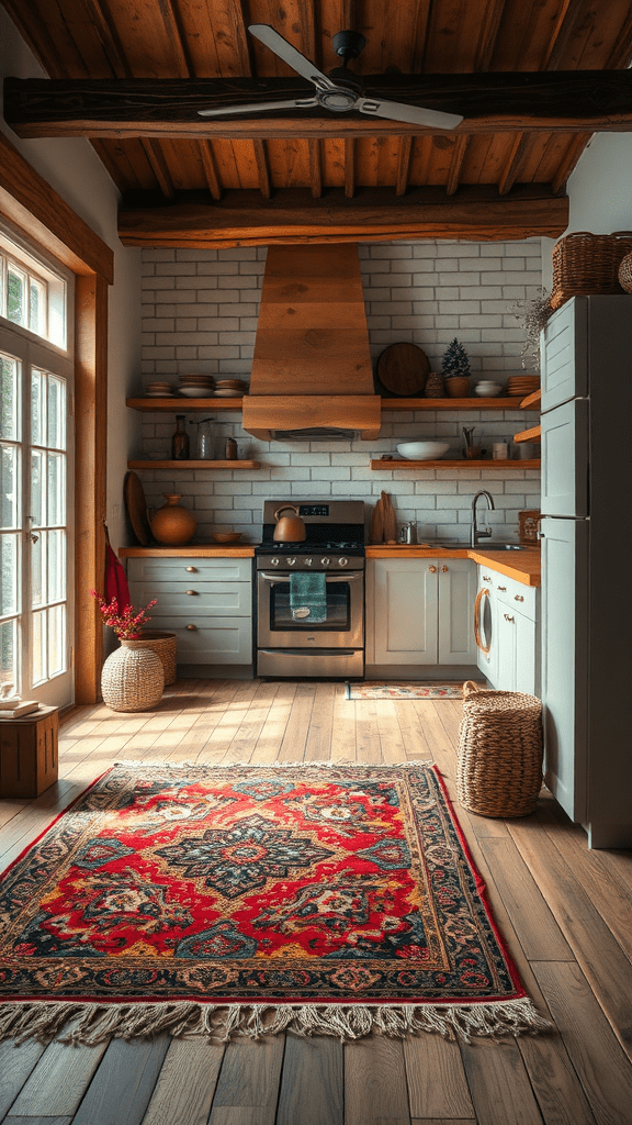 A cozy kitchen featuring a colorful rug on wooden flooring, with natural light streaming in.