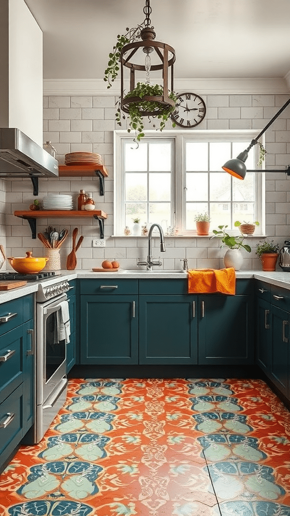 A colorful kitchen with funky tile flooring featuring vibrant patterns.