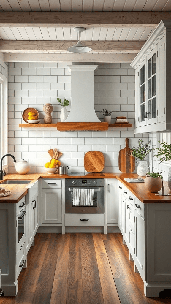 A modern kitchen with classic wooden accents and white cabinetry.