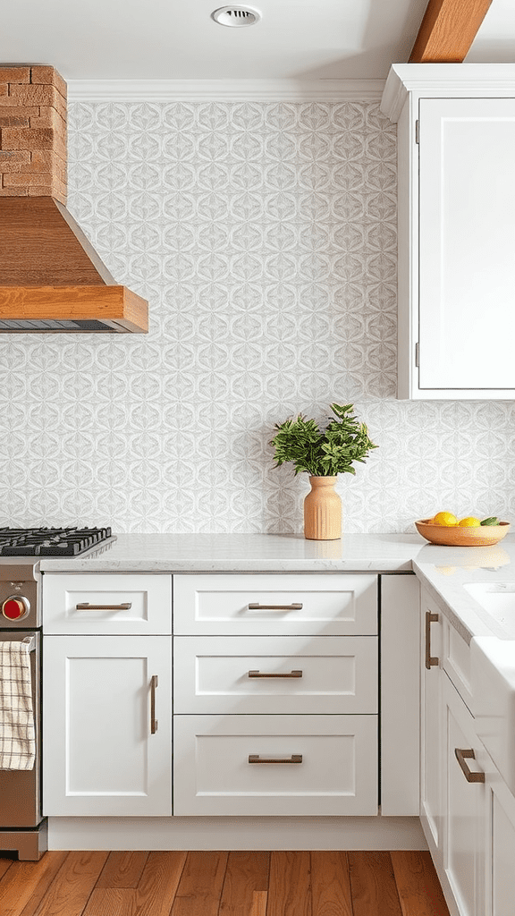 Stylish kitchen with geometric tile backsplash and white cabinets.