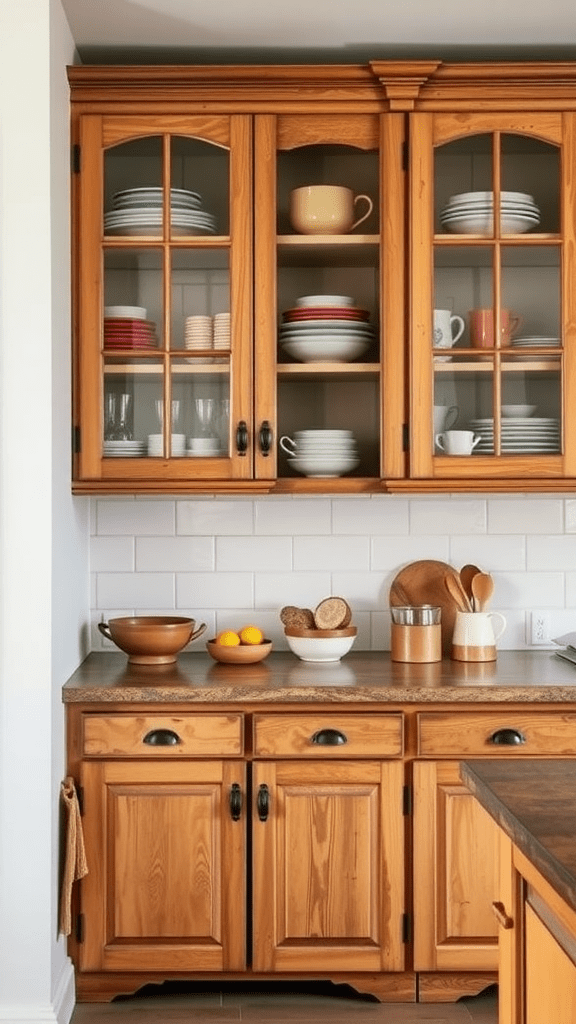 Rustic kitchen with glass-front cabinet doors displaying colorful dishware.