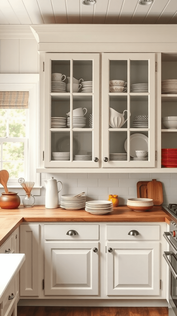 A cozy farmhouse kitchen with glass-front cabinets displaying a variety of dishes and cookware.