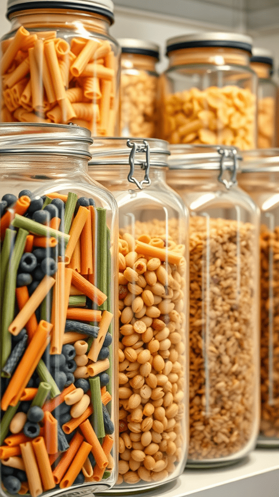 Various types of pasta and grains stored in clear glass jars on a shelf