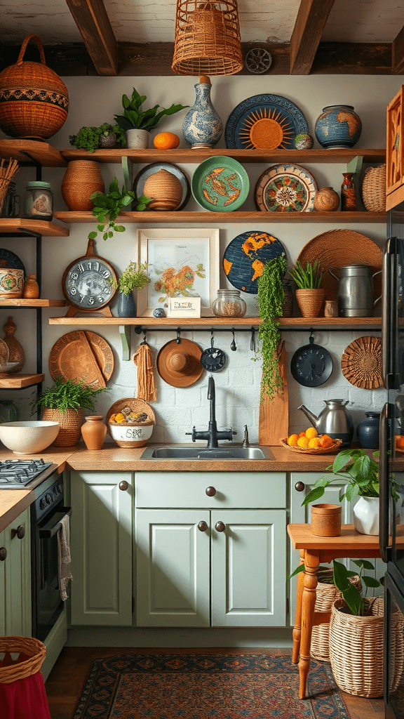 A cozy kitchen with shelves filled with colorful plates, plants, and woven baskets.