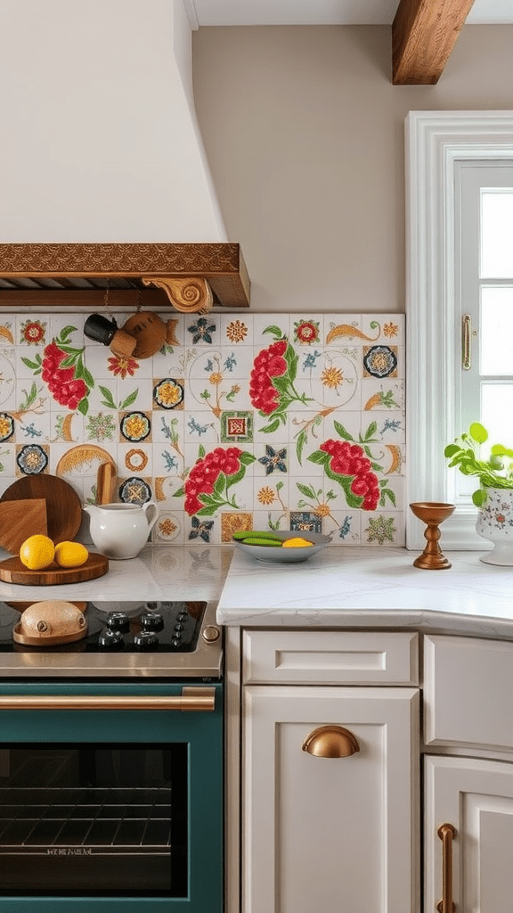 Hand-painted ceramic tiles in a kitchen setting with bright floral designs.