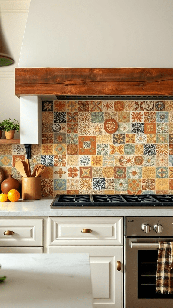 Colorful artisan tiles on a kitchen backsplash