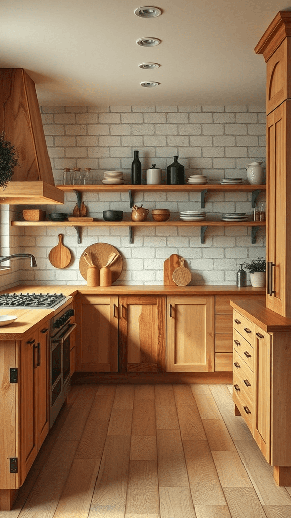 A rustic kitchen featuring handcrafted wooden cabinets, open shelves, and a warm color palette.