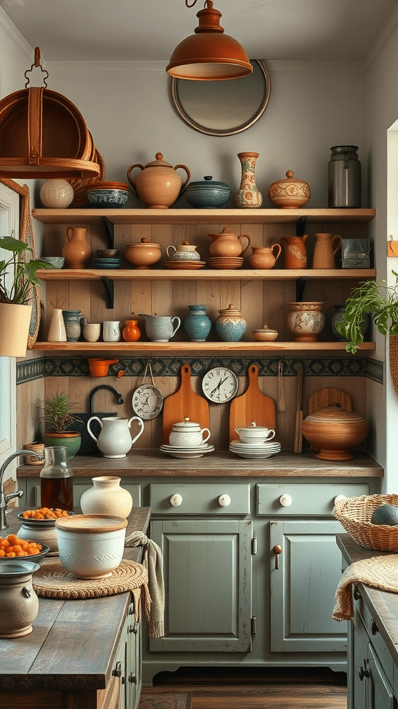 A cozy kitchen filled with various handcrafted pottery pieces on wooden shelves.