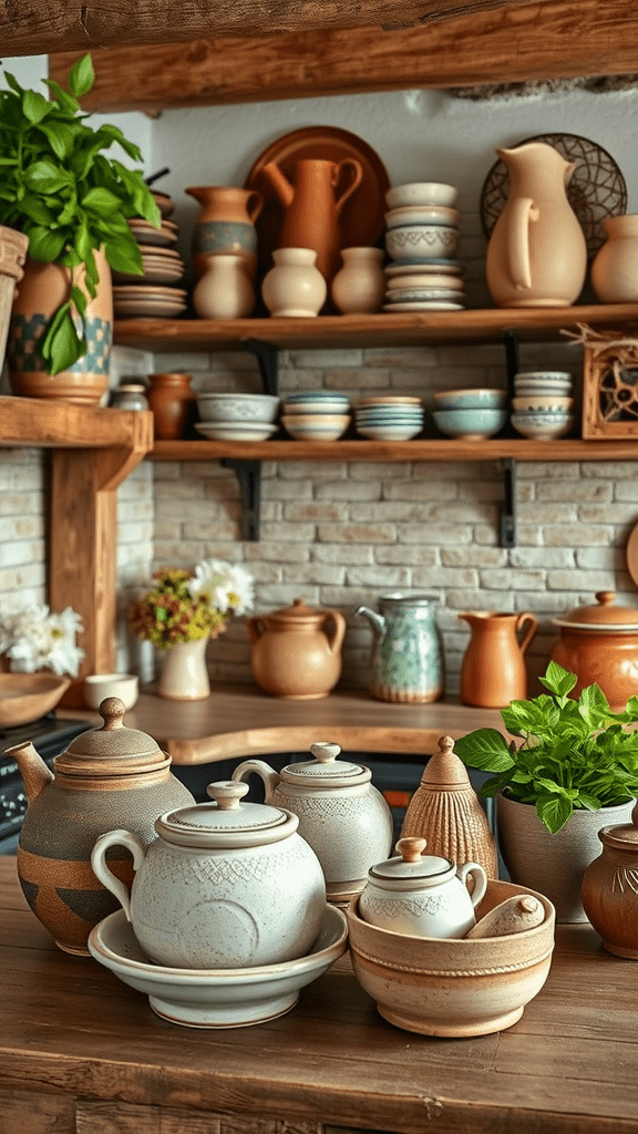 A collection of various handmade pottery pieces displayed on a wooden table with plants and kitchenware in the background.