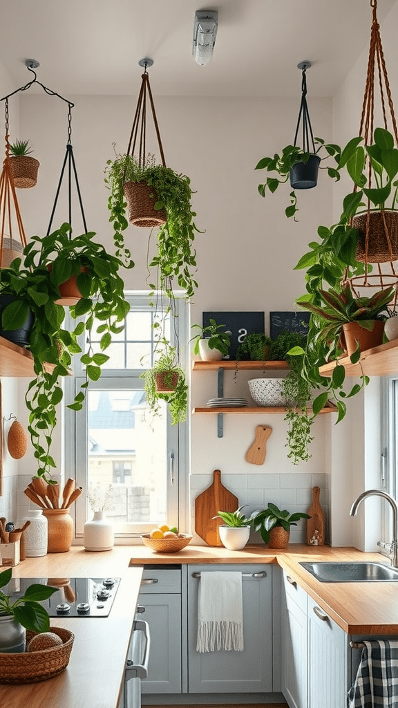 A cozy kitchen filled with hanging plants, creating a fresh and inviting atmosphere.