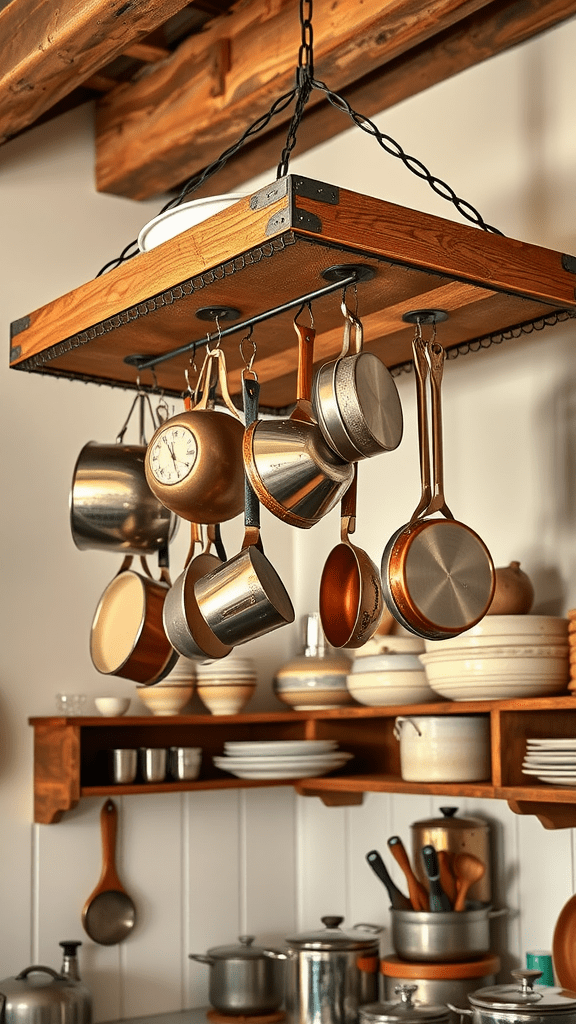 A wooden hanging pot rack with various pots and pans in a cozy kitchen setting.