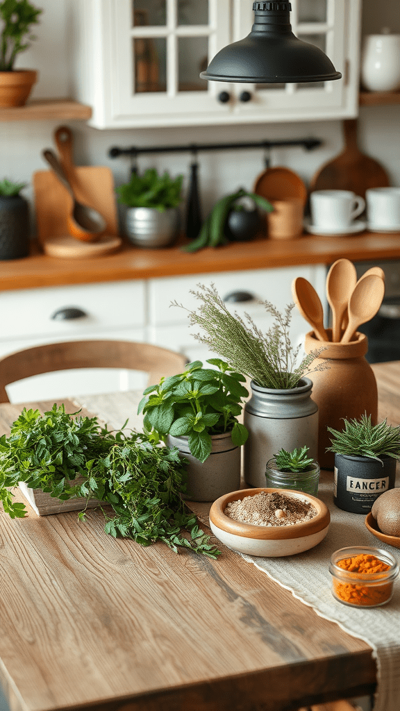 A cozy kitchen table with various herbs and spices in decorative pots and bowls.