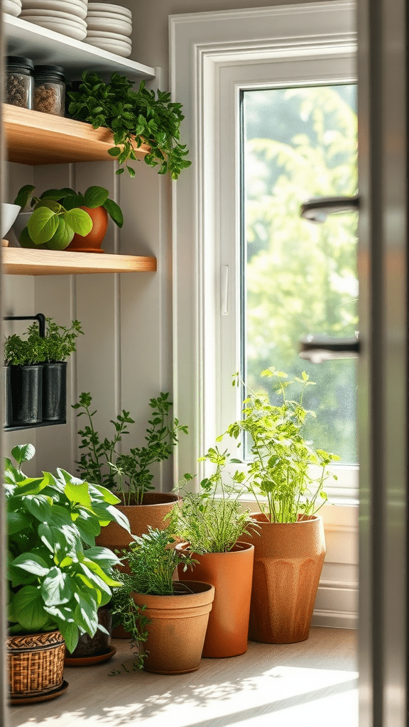 A cozy pantry with various herbs in pots, sunlight streaming through the window.