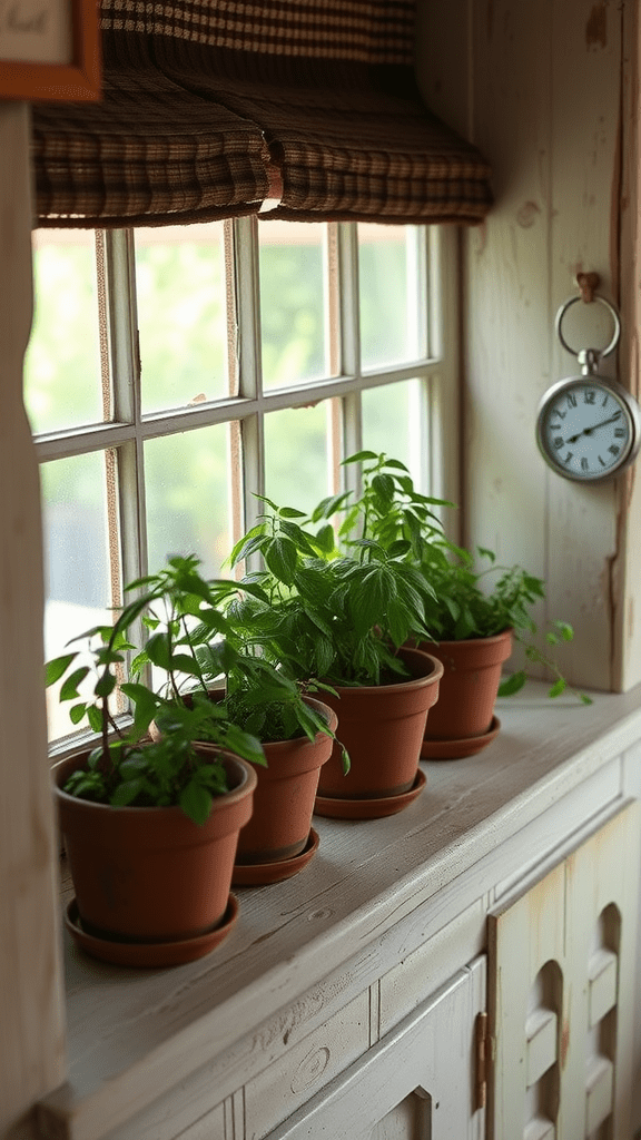 A bright and cozy windowsill featuring various potted herbs, showcasing a lively indoor garden.