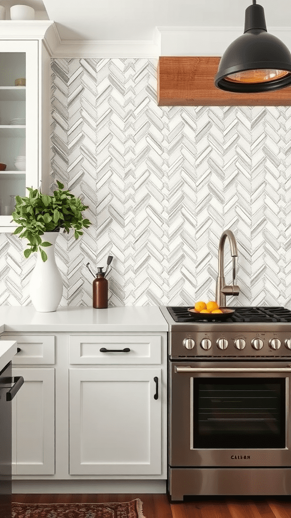 A kitchen featuring herringbone patterned tiles on the wall behind the stove.