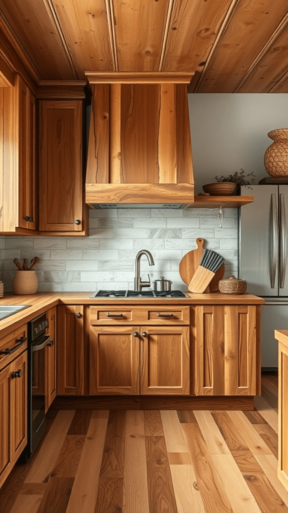 Rustic kitchen featuring hickory wood cabinets, a modern sink, and light-colored flooring.