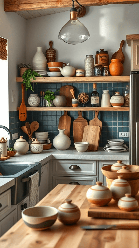 A cozy kitchen with various artisan pottery, wooden utensils, and plants on display.