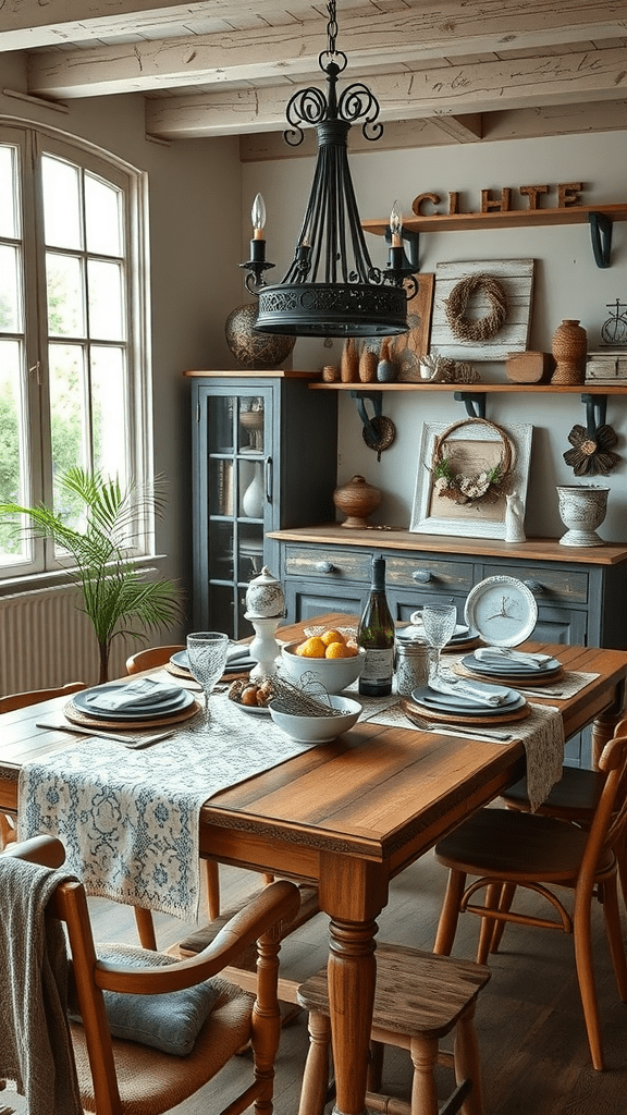 A cozy dining room with a wooden table set for a meal, featuring vintage decor and a charming chandelier.