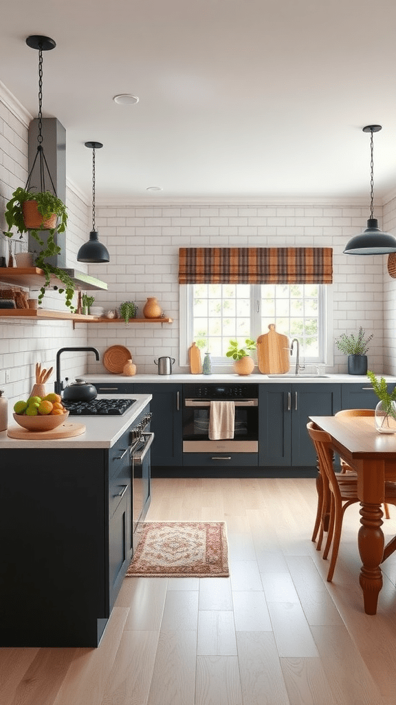 A stylish family-friendly kitchen with dark cabinets, a wooden dining table, and plants.