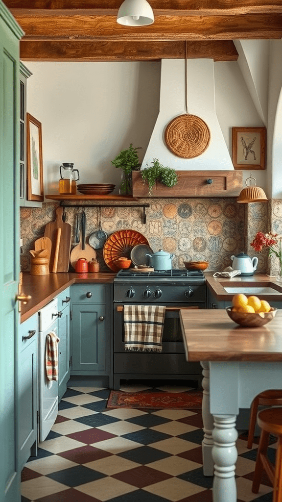 A cozy kitchen featuring wooden cutting boards, vintage decor, and a warm color palette.